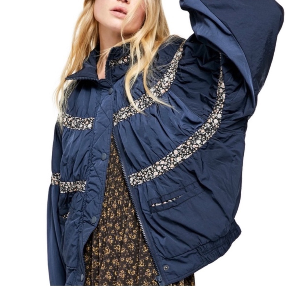 Free People On My Mind Bomber Jacket Navy Floral Trim Size XS